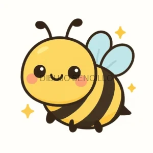 Abejita kawaii amarilla con rayas negras, alitas azules, carita sonriente y mejillas rosadas, rodeada de estrellitas brillantes.
