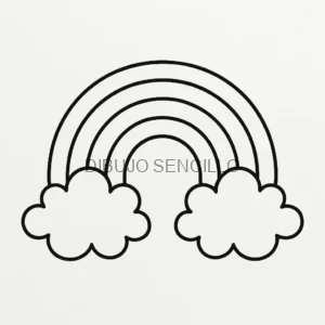 🌈 Dibujo de un arcoíris simple con cinco franjas y dos nubes esponjosas a cada extremo, ideal para niños y colorear.