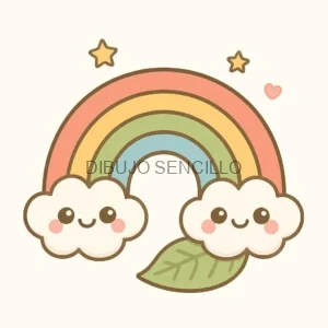Arcoíris kawaii con nubes sonrientes y mejillas rosadas en cada extremo, acompañado de estrellas, una hoja y un corazón rosado flotante.