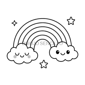 Arcoíris con nubes sonrientes y estrellas brillantes, ideal para dibujos bonitos y fáciles para niños pequeños.