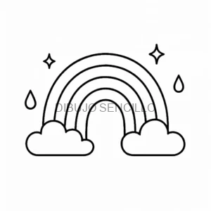 Arcoíris con nubes, gotas y estrellas en estilo minimalista — perfecto para ideas de dibujos aesthetic simples y encantadores.