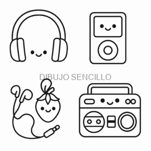 Dibujos kawaii de audífonos, reproductores de música y radio con caritas felices — perfectos para ideas de dibujos aesthetic musicales.