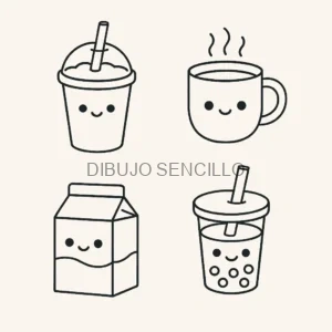 Dibujos kawaii de bebidas con caritas felices: café, leche, bubble tea y frappé — ideales para ideas de dibujos aesthetic divertidos.