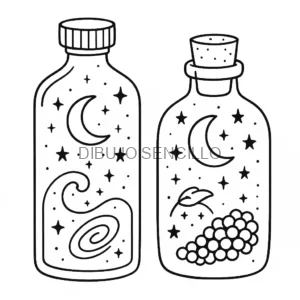 Botellas mágicas con lunas, estrellas y galaxias en su interior — una ilustración ideal para ideas de dibujos aesthetic místicos y creativos