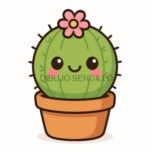 Cactus kawaii redondo con carita sonriente y mejillas rosadas, en una maceta marrón y decorado con una flor rosada en la cabeza.