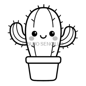 Cactus kawaii en maceta con carita sonriente y mejillas rosadas, ideal para dibujos bonitos y fáciles para niños.