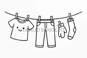Ropa colgada en cuerda con pinzas: camiseta sonriente, pantalón, guante y calcetín — ideal para ideas de dibujos aesthetic cotidianos.