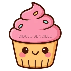 Cupcake kawaii con glaseado rosa, carita sonriente y mejillas rosadas, decorado con chispas de colores.