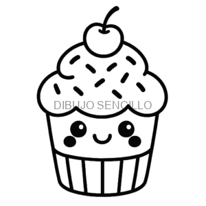 Cupcake sonriente con chispas, cereza encima y mejillas adorables, perfecto para dibujos bonitos y fáciles para niños.