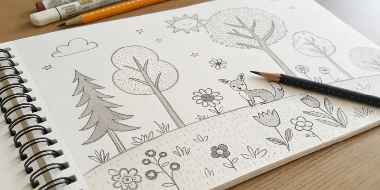 🖍️ Página de cuaderno con dibujos a lápiz sencillos de un paisaje con árboles, flores, sol y un canguro, ideal para colorear y aprender.
