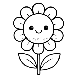 Flor con carita feliz, pétalos redondos y hojas grandes, perfecta para dibujos bonitos y fáciles para niños.