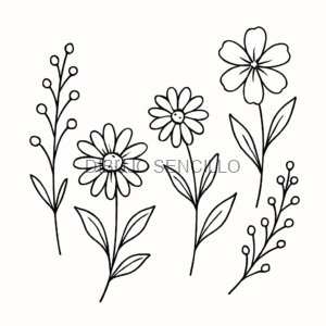 Dibujo lineal de flores silvestres con hojas detalladas — una elección encantadora para ideas de dibujos aesthetic florales.