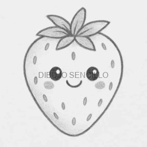 🍓 Dibujo kawaii de una fresa con carita sonriente, semillas marcadas y hojas detalladas, ideal para colorear y actividades creativas para niños.