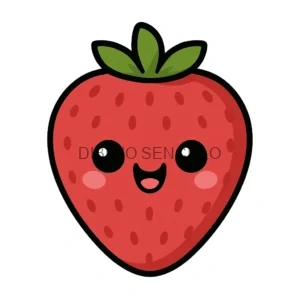 Fresa con carita sonriente, estilo kawaii, con mejillas rosadas y ojos grandes brillantes.