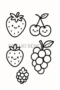 Frutas kawaii con caritas felices como fresas, cerezas y uvas — ideales para ideas de dibujos aesthetic tiernos y frutales.