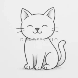 🐱 Dibujo de un gato sentado con expresión sonriente y ojos cerrados, estilo kawaii, ideal para niños y principiantes.