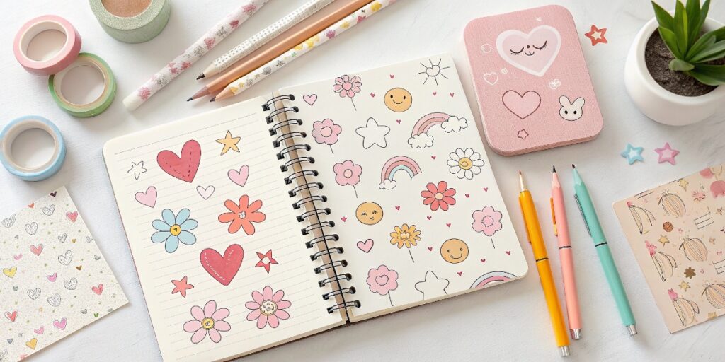Cuaderno abierto lleno de garabatos coloridos con flores, corazones y arcoíris — perfecto para inspirarte con ideas de dibujo fáciles.