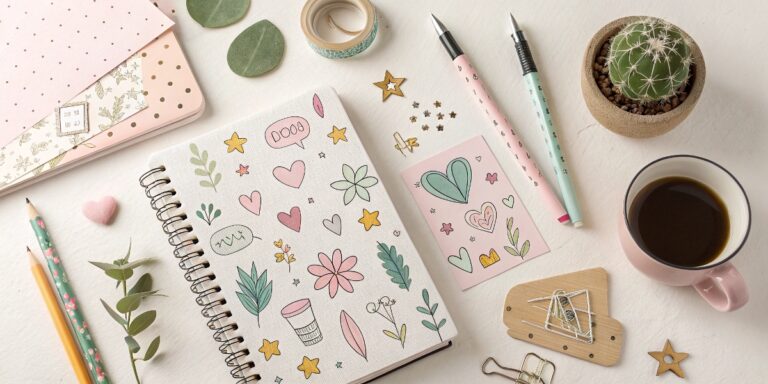 Cuaderno decorado con dibujos de corazones, flores y estrellas rodeado de útiles bonitos — ideas de dibujos aesthetic en acción.
