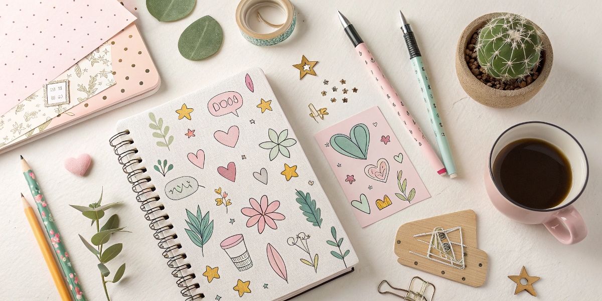 Cuaderno decorado con dibujos de corazones, flores y estrellas rodeado de útiles bonitos — ideas de dibujos aesthetic en acción.