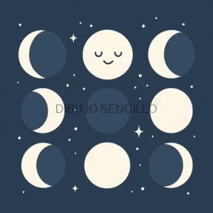 Dibujo de lunas en todas sus fases con carita sonriente y fondo estrellado — perfecto para ideas de dibujos aesthetic nocturnos.