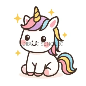 Unicornio kawaii blanco con melena y cola en tonos pastel, mejillas rosadas, cuerno dorado y estrellitas brillantes a su alrededor.