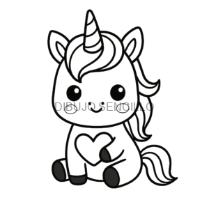 Unicornio adorable con cuerno en espiral y corazón en las patas, ideal para dibujos bonitos y fáciles para niños.