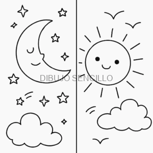 Dibujo dividido de noche y día con luna y sol sonrientes, estrellas, nubes y aves — ideal para ideas de dibujos aesthetic contrastados.
