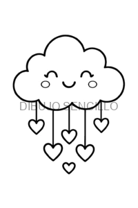 Nube sonriente con mejillas rosadas y lluvia de corazones colgantes, ideal para dibujos bonitos y fáciles para niños.