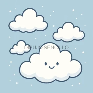 Nubes esponjosas con carita feliz sobre fondo azul claro y puntos blancos — ideal para ideas de dibujos aesthetic tiernos.