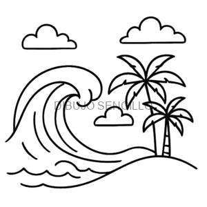 Dibujo en línea de una gran ola, palmeras y nubes — ideal para ideas de dibujos aesthetic con estilo tropical y relajante.