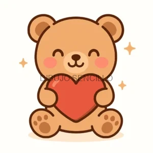 Osito tierno estilo kawaii abrazando un corazón rojo con carita feliz y mejillas rosadas, rodeado de estrellitas brillantes.