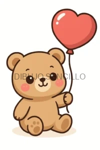 Osito kawaii con mejillas rosadas, sentado y sosteniendo un globo rojo en forma de corazón con expresión alegre y tierna.