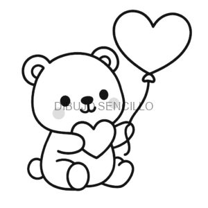 Osito tierno con mejillas rosadas, sosteniendo un corazón y un globo en forma de corazón, ideal para dibujos bonitos y fáciles.