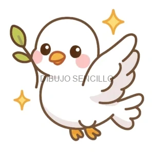 Paloma blanca estilo kawaii con mejillas rosadas, sosteniendo una ramita de olivo en el pico y rodeada de estrellas brillantes.