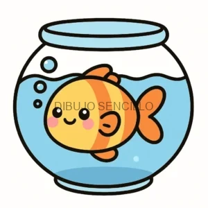 Pez kawaii de color amarillo y naranja con mejillas rosadas, nadando alegremente dentro de una pecera redonda con burbujas.