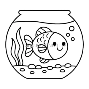 Pez sonriente nadando en pecera redonda con burbujas, piedras y algas, perfecto para dibujos bonitos y fáciles para niños.