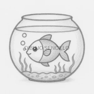 🐠 Dibujo de un pez sonriente dentro de una pecera con burbujas, algas y piedras, perfecto para colorear y actividades infantiles creativas.