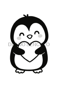 Pingüino tierno con mejillas rosadas abrazando un gran corazón, ideal para dibujos bonitos y fáciles para niños.
