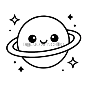 Planeta con anillo y carita sonriente rodeado de estrellas, ideal para dibujos bonitos y fáciles para niños.