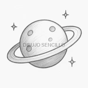 🪐 Dibujo de un planeta con anillos y cráteres, rodeado de estrellas brillantes, ideal para colorear y aprender sobre el espacio de forma divertida.