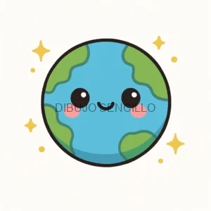 Planeta Tierra estilo kawaii con carita feliz y mejillas rosadas, rodeado de estrellitas doradas brillantes sobre fondo claro.