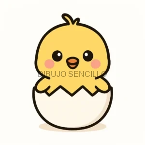 Pollito kawaii amarillo con mejillas rosadas, saliendo de un cascarón roto con una expresión alegre y tierna.