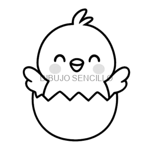 Pollito feliz saliendo del cascarón con alas abiertas y mejillas rosadas, ideal para dibujos bonitos y fáciles para niños.
