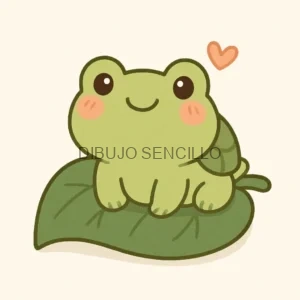 Ranita kawaii de color verde con mejillas rosadas, sentada sobre una hoja grande y acompañada de un corazón dibujado sobre su cabeza.