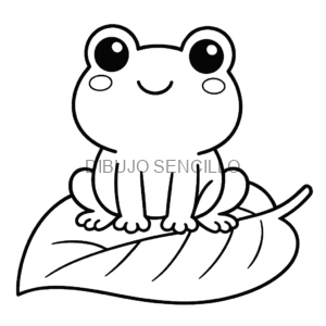 Rana adorable con ojos grandes y mejillas rosadas, sentada sobre una hoja grande, ideal para dibujos bonitos y fáciles.