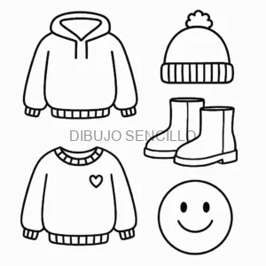 Dibujos de ropa aesthetic como suéteres, gorro, botas y carita feliz — perfectos para ideas de dibujos aesthetic de invierno y moda casual.