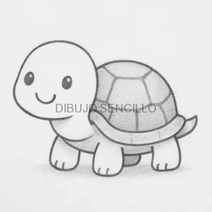 🐢 Dibujo de una tortuga feliz con caparazón detallado y carita sonriente, estilo kawaii, ideal para colorear y aprender a dibujar.