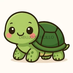 Tortuga kawaii de color verde con caparazón oscuro, carita sonriente y mejillas rosadas, con expresión tierna y amigable.