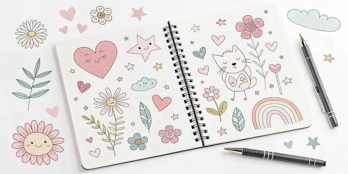 Cuaderno abierto con dibujos bonitos fáciles de corazones, flores, arcoíris y un gatito, todo en colores pastel adorables.
