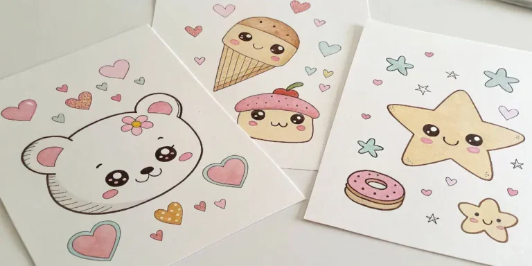 Tarjetas con dibujos kawaii de osito, helado, pastelito, estrella y dona, decoradas con corazones y estrellitas en tonos pastel.